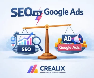 Illustration comparative SEO vs Google Ads montrant la différence entre référencement naturel et Google Ads, réalisée par l’agence digitale Créalix