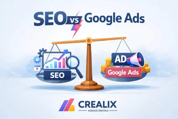 Illustration comparative SEO vs Google Ads montrant la différence entre référencement naturel et Google Ads, réalisée par l’agence digitale Créalix